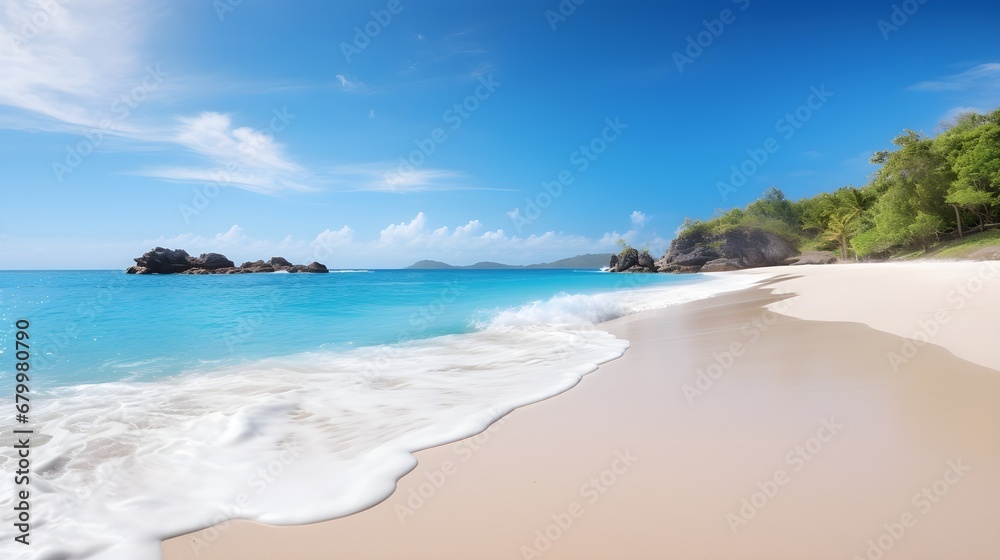 A pristine beach with clear blue waters,