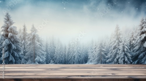 Winter background. Winter snow landscape with wooden table in front. Winter forest background with snow and fog. For product display Christmas time mock up © Manyapha