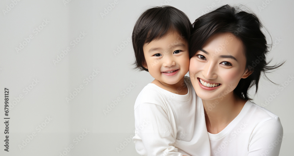 Fashion smiling mother holding her kid on solid color background, love concept Fashion smiling mother holding her kid on solid color background, love concept