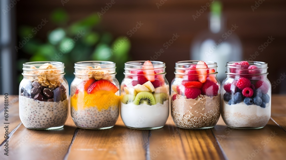 A set of mason jars filled with overnight oats, chia seeds, yogurt, and fresh fruit - obrazy, fototapety, plakaty 