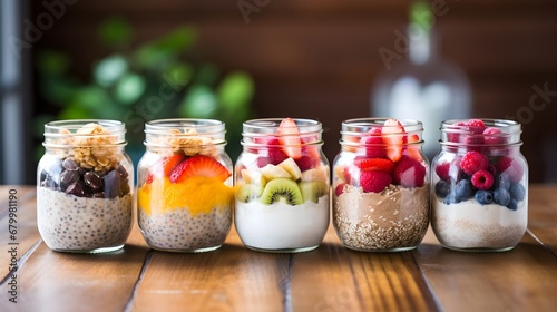 A set of mason jars filled with overnight oats, chia seeds, yogurt, and fresh fruit photo