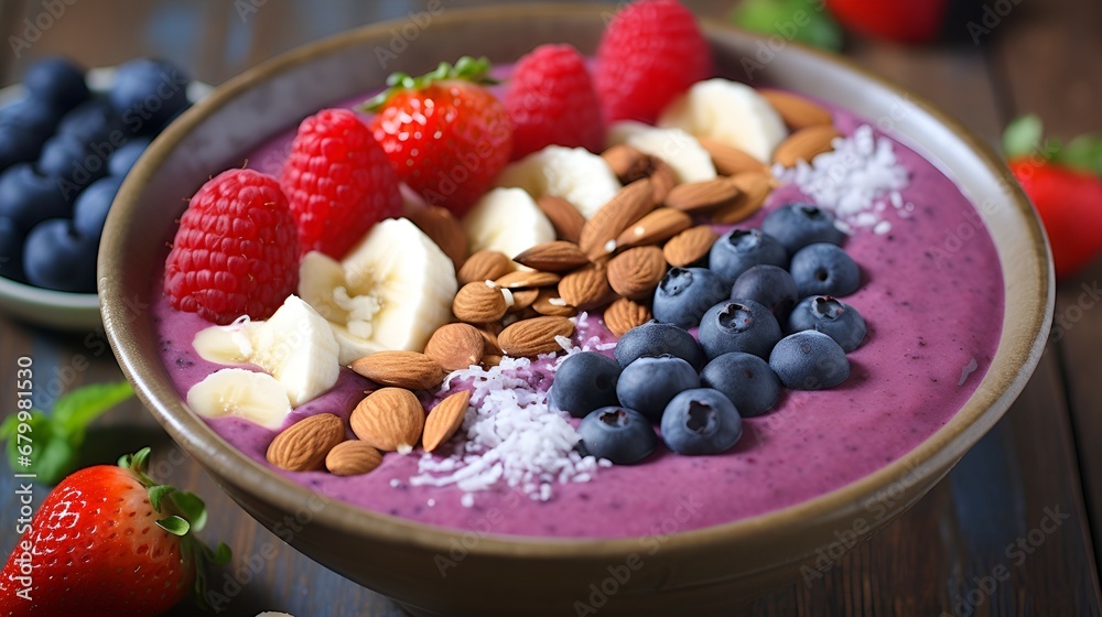 A tempting smoothie bowl with a variety of fresh berries, chia seeds, and sliced almonds
