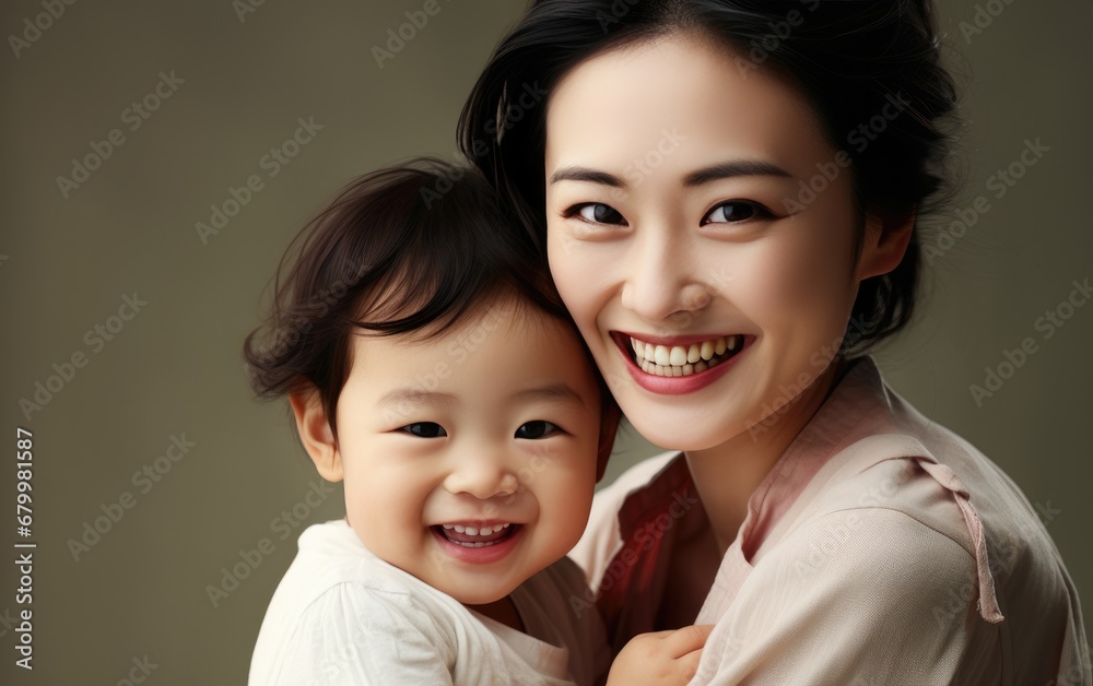 Fashion smiling mother holding her kid on solid color background, love concept