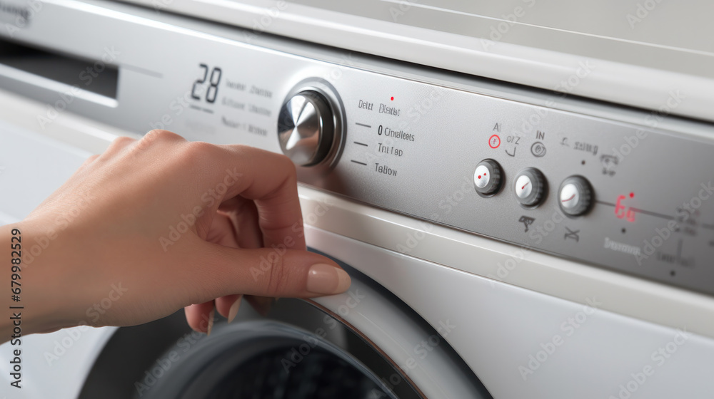Woman switching on washing machine close up view Woman switching on washing machine close up view