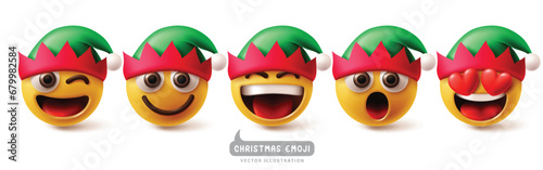 Christmas emoji elf character vector set. Christmas elf emojis and emoticon characters in happy, funny and smiling facial expression. Vector illustration emojis elf collection. 
