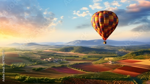 designacademy A hot air balloon floating above a patchwork of 5d6fc165-bd8c-4fee-96bf-ce520beffcbb 0