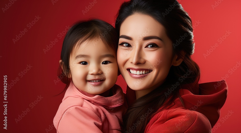 Fashion smiling mother holding her kid on solid color background, love concept Fashion smiling mother holding her kid on solid color background, love concept