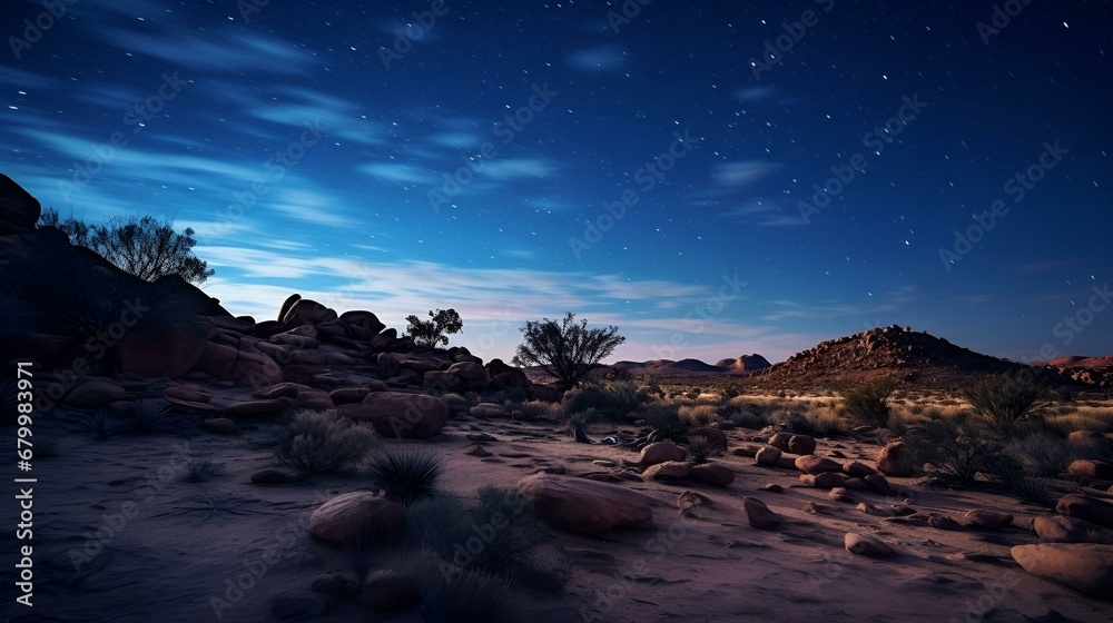The stillness of a desert landscape under a starlit sky,