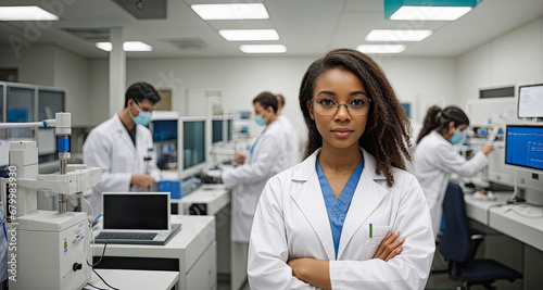 young female medical scientist stands with her arms crossed in the laboratory. Genetic research  Science with molecules and atoms in the laboratory  Medical science and biotechnology. Generative AI