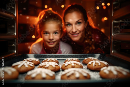 Cozy Christmas Baking  A Sweet Family Tradition. In the heart of holiday cheer  a mother and her daughter enjoy the magic of baking gingerbread cookies together.