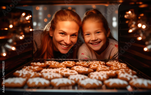 Cozy Christmas Baking  A Sweet Family Tradition. In the heart of holiday cheer  a mother and her daughter enjoy the magic of baking gingerbread cookies together.