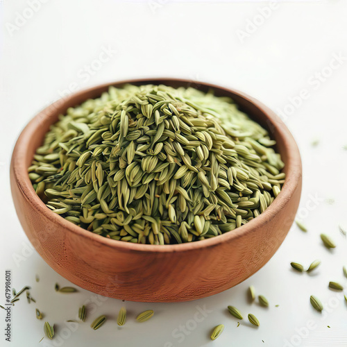 dried | herb, fennel | seeds | in. the. wooden, plate, isolated. on. white, top, view, fennel seeds isolated on | white background, illustration. Generative AI 