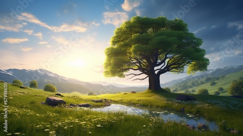 a beautiful tree within a peaceful meadow  deep in a domain