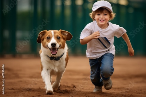 Happy boy running with his dog on the race track in the stadium photo