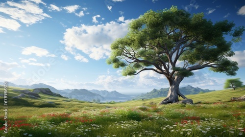 a beautiful tree within a peaceful meadow in a fabricated environment