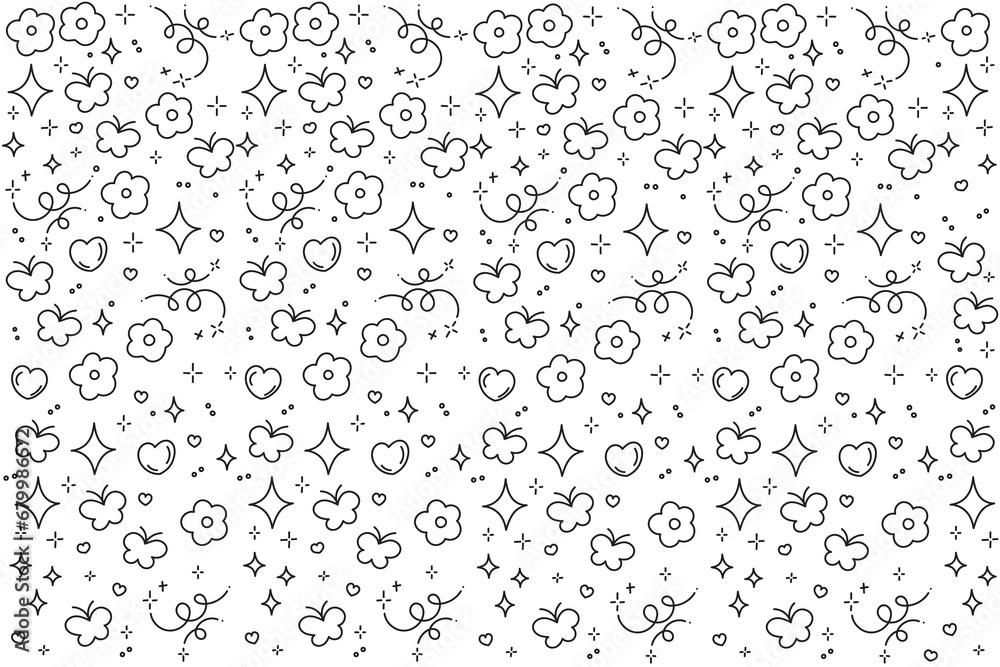 illustration line of flower and butterfly pattern on white background.