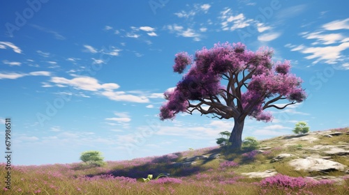 A digital landscape showcases a lush, vibrant tree standing tall under a clear blue sky in an world
