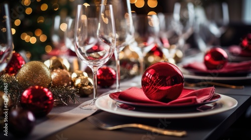 Christmas table setting, red decorated dining table