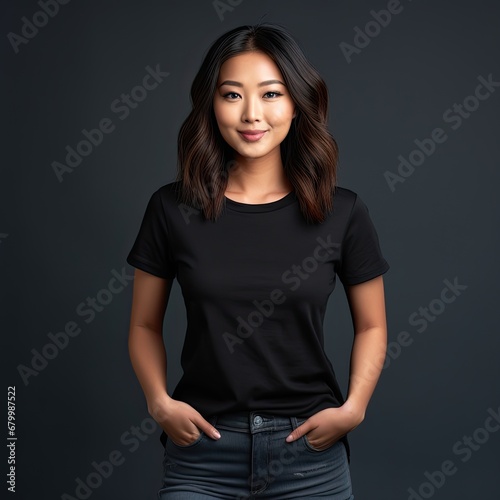 25 year old asian woman wearing a plain black tshirt on a studio background - mockup template