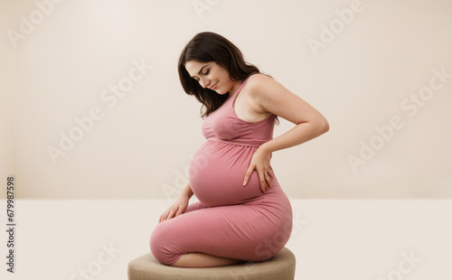 Pregnant woman smiling at her growing belly, cherishing joy of maternity in third trimester. Beautiful pregnant woman hugging her tummy photo