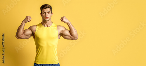sportive young man arms showing biceps isolated on yellow background. Fitness Goals, Confidence Boosts, Health Wellness. banner for advertising sports nutrition, vitamins and supplements.