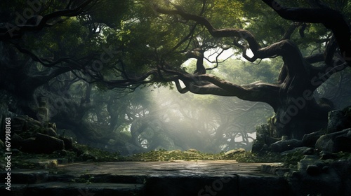 a simulated being finds tranquility beneath the sprawling branches of an ancient tree