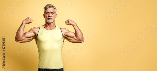 sportive serious Old man arms showing biceps empty space isolated on yellow color background. banner for advertising sports nutrition, vitamins and supplements