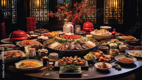 the dining table is set with a lavish spread of traditional Chinese dishes