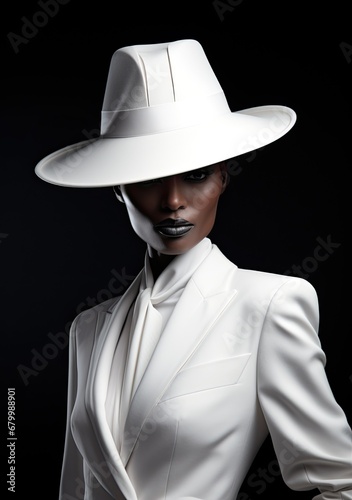 black woman wearing a white suit and large hat