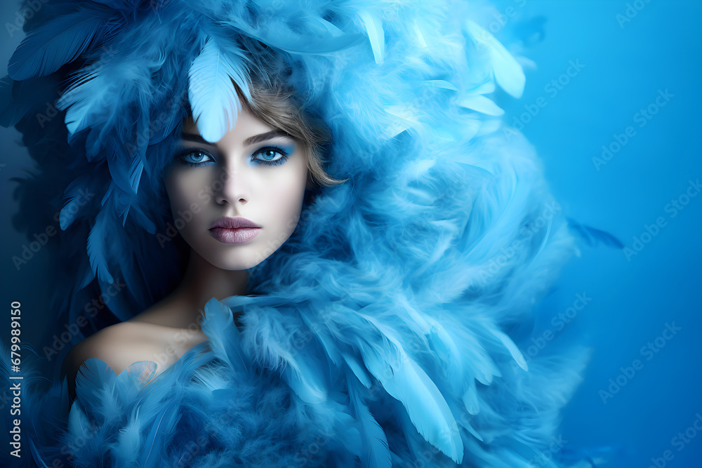 Fashion editorial Concept. Closeup portrait of stunning pretty woman with chiseled features, surround in blue soft feathers boa. illuminated dynamic composition dramatic lighting. copy space