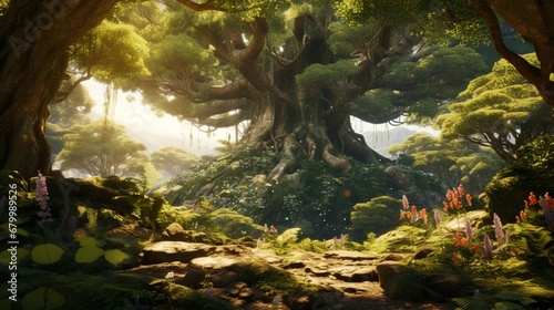a stunning tree surrounded by lush vegetation  unmarred by real-world elements