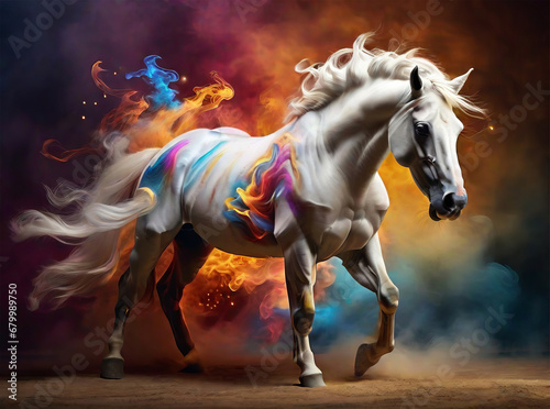 A white horse ran through the multi-colored smoke.