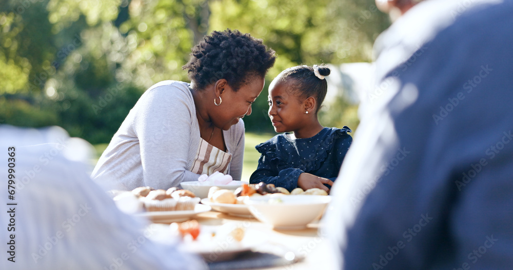 Smile, mother or daughter with lunch in garden, food or nature relax for vacation together with love. Black people, woman or child as happy family, reunion and care bonding for brunch table in park - obrazy, fototapety, plakaty 