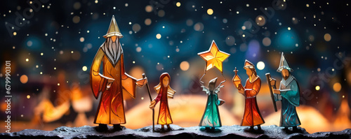 The Christmas nativity scene. Group of miniature stained glass figures stand in the snow. photo