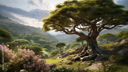 a stunning tree surrounded by lush vegetation, untouched by any real-life elements