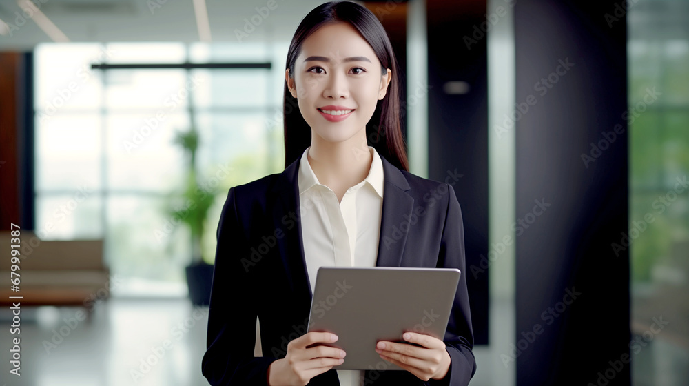 YOUNG HAPPY ASIAN WOMAN WITH TABLET. legal AI	