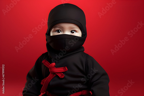 close up studio portrait of cute baby ninja on red background