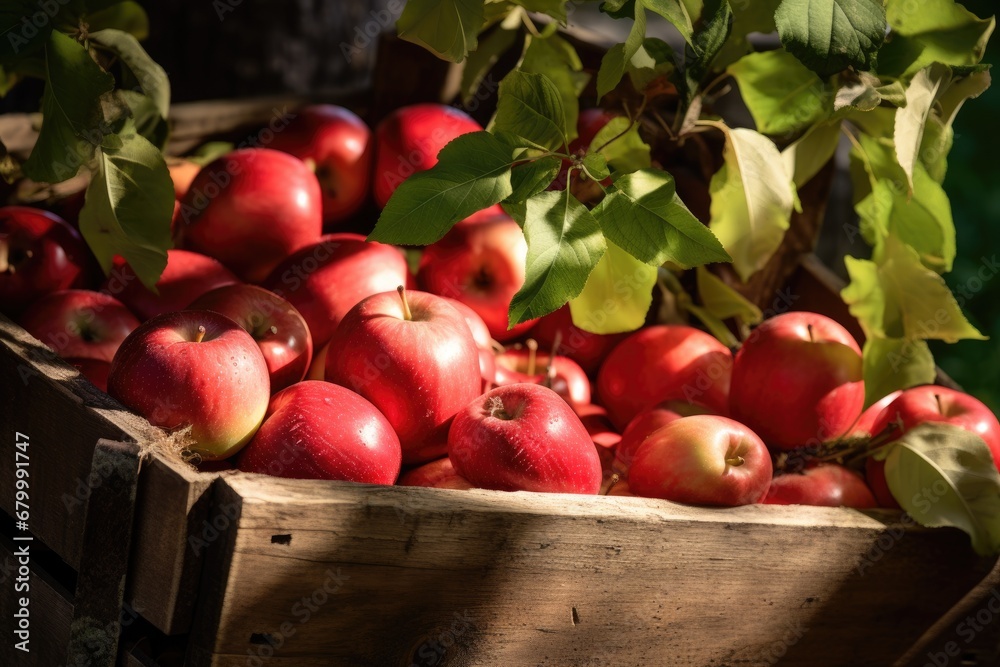 Red apples in a crate on rustic wood table. Generative AI Red apples in a crate on rustic wood table. Generative AI