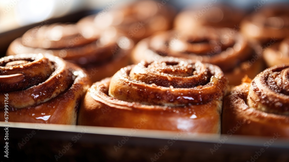 Freshly baked cinnamon buns with frosting. Generative AI