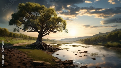A tree by the banks of a serene, meandering river in the wilderness
