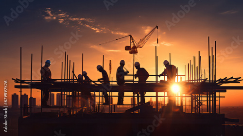 Golden Hour Progress, Silhouette Construction Site at Sunset, a Symbol of Evening Achievem photo