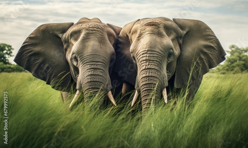 A couple of elephants standing in a lush green field. Generative AI. photo