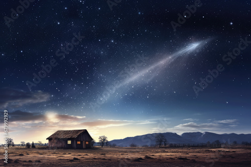 Christmas night. Comet star in night starry sky of Bethlehem. Nativity scene. Jesus Christ birth. The star shines over the manger of Jesus Christ.