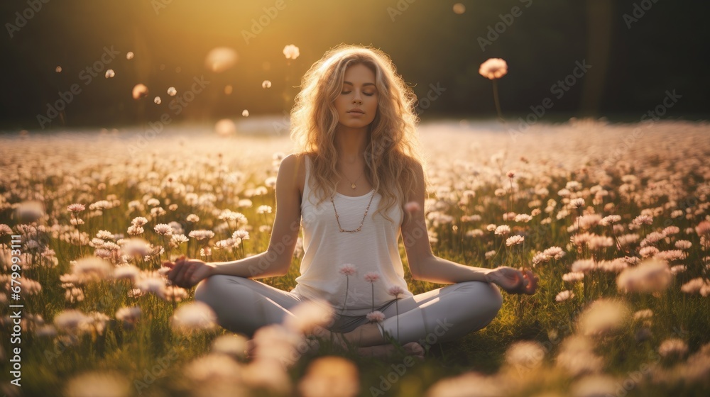 woman meditating in yoga pose in a field of flowers sunlit - obrazy, fototapety, plakaty 