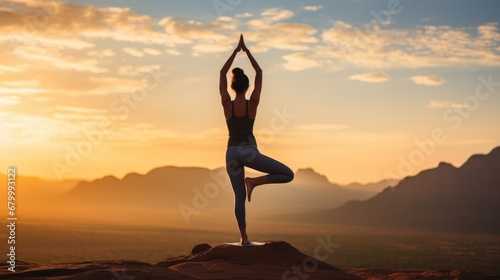 woman meditating in yoga pose on a mountain, sunrise