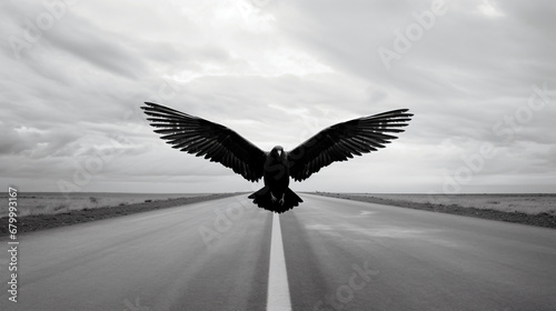草原の中、地平線までまっすぐ伸びる道に大きな鷹が飛んでいるアップのモノクロ写真 photo