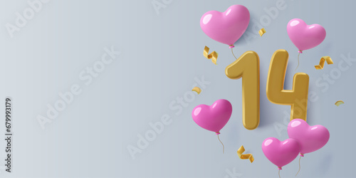 February 14 party background with number 14, heart balloons, holiday confetti and copy space. Valentine's Day realistic three dimensional banner design. Vector illustration.
