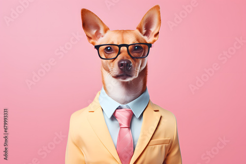 Business funny cute dog on pastel background. © Pacharee