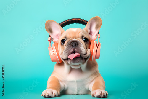 Cute dog with headphones to listening music.