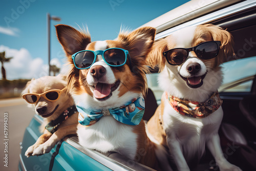 Funny cute dog and friends in car go to travel. photo